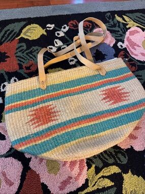 Woven Straw Tote Bag Purse with Turquoise and Coral Accent